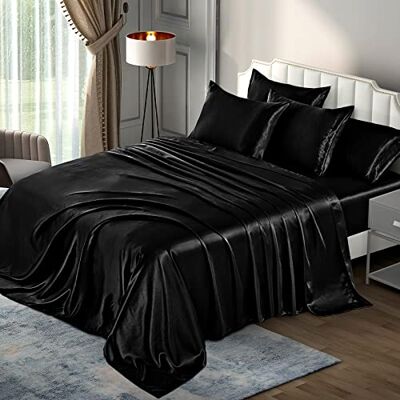 P Pothuiny 6 Pieces Queen Satin Sheets Luxury Silky Black Satin Bedding Sheet Set, 1 Deep Pocket Fitted Sheet + 1 Flat Sheet + 4 Pillow Cases P Pothuiny 6 Pieces Queen Satin Sheets Luxury Silky Black Satin Bedding Sheet Set, 1 Deep Pocket Fitted Sheet + 1 Flat Sheet + 4 Pillow Cases