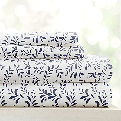 Linen Market Easy Care Double Brushed Microfiber 16" Deep Pocket 4 Piece Bed Sheet Set, Burst of Vines Navy, King Linen Market Easy Care Double Brushed Microfiber 16" Deep Pocket 4 Piece Bed Sheet Set, Burst of Vines Navy, King