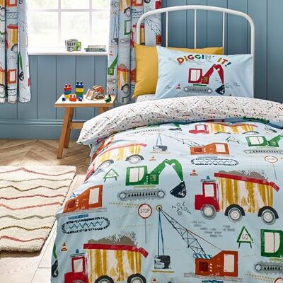 Catherine Lansfield Kids Digger Dreams Reversible Double Duvet Cover Set with Pillowcases Blue Catherine Lansfield Kids Digger Dreams Reversible Double Duvet Cover Set with Pillowcases Blue