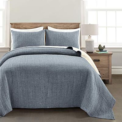 Lush Decor Solid Kantha Pick Stitch Yarn Dyed Cotton Woven 3 Piece Quilt/Coverlet Set, Navy & Off-White, Full/Queen Lush Decor Solid Kantha Pick Stitch Yarn Dyed Cotton Woven 3 Piece Quilt/Coverlet Set, Navy & Off-White, Full/Queen