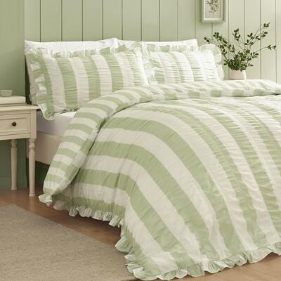 Catherine Lansfield Seersucker Frill Stripe Single Duvet Set Green Catherine Lansfield Seersucker Frill Stripe Single Duvet Set Green