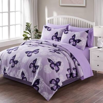 ARTALL Butterfly Pattern Bed in A Bag Bedding 8 Piece Full/Queen Comforter Sets 1 Comforter, 2 Pillow Shams, 1 Flat Sheet, 1 Fitted Sheet, 1 Bed Skirt, 2 Pillowcases ARTALL Butterfly Pattern Bed in A Bag Bedding 8 Piece Full/Queen Comforter Sets 1 Comforter, 2 Pillow Shams, 1 Flat Sheet, 1 Fitted Sheet, 1 Bed Skirt, 2 Pillowcases
