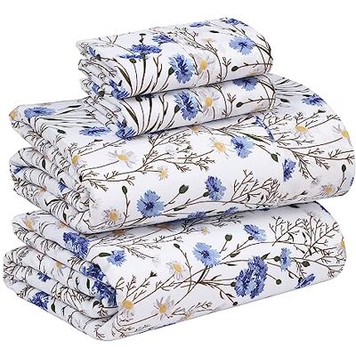 Ruvanti 100% Cotton Percale Sheets for King Size Bed 16 Inches Deep Pocket Perfect Fitting Crispy Cool & Comfortable Blue Floral (1 Flat, 1 Fitted & 2 Pillowcases) Ruvanti 100% Cotton Percale Sheets for King Size Bed 16 Inches Deep Pocket Perfect Fitting Crispy Cool & Comfortable Blue Floral (1 Flat, 1 Fitted & 2 Pillowcases)