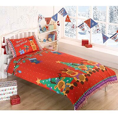 Rapport Home Rudolph Reindeer Christmas Kids Presents Stars Quilt Duvet Cover and 2 Pillowcase Bedding Bed Set, Red, Double Rapport Home Rudolph Reindeer Christmas Kids Presents Stars Quilt Duvet Cover and 2 Pillowcase Bedding Bed Set, Red, Double