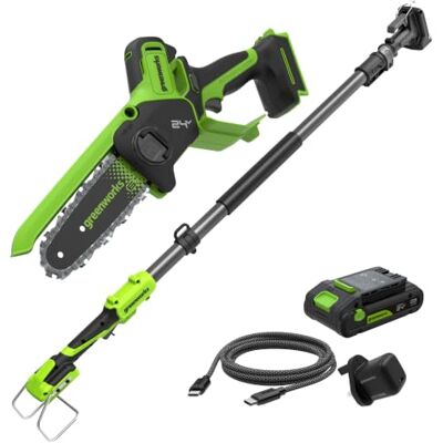Greenworks 24V 2-in-1 Mini Chainsaw Brushless, 15cm/6in Cordless Battery Chainsaw, 7.8m/s Cutting Speed, Electric Pole Saw with 2Ah Battery and 30W Charger Greenworks 24V 2-in-1 Mini Chainsaw Brushless, 15cm/6in Cordless Battery Chainsaw, 7.8m/s Cutting Speed, Electric Pole Saw with 2Ah Battery and 30W Charger