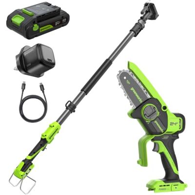 Greenworks 24V 2-in-1 Mini Chainsaw Brushless, 4in/10cm Cordless Battery Chainsaw, 7.8m/s Cutting Speed, Electric Pole Saw with 2Ah Battery and 30W Charger Greenworks 24V 2-in-1 Mini Chainsaw Brushless, 4in/10cm Cordless Battery Chainsaw, 7.8m/s Cutting Speed, Electric Pole Saw with 2Ah Battery and 30W Charger