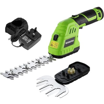 WORKPRO 12 V 2-in-1 Cordless Hedge Trimmer and Grass Shear with 2Ah Battery 2 Interchangeable Blades, Lightweight and One-Hand Operation, Safety Lock, Powerful & Durable Motor, Ergonomic Handle WORKPRO 12 V 2-in-1 Cordless Hedge Trimmer and Grass Shear with 2Ah Battery 2 Interchangeable Blades, Lightweight and One-Hand Operation, Safety Lock, Powerful & Durable Motor, Ergonomic Handle
