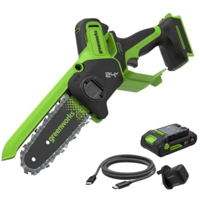 Greenworks 24V 6in Mini Chainsaw Brushless, 15cm Cordless Battery Chainsaw with Auto-Oil System, 7.8m/s Cutting Speed, Electric Saw with 2Ah Battery and 30W USB C Charger Greenworks 24V 6in Mini Chainsaw Brushless, 15cm Cordless Battery Chainsaw with Auto-Oil System, 7.8m/s Cutting Speed, Electric Saw with 2Ah Battery and 30W USB C Charger