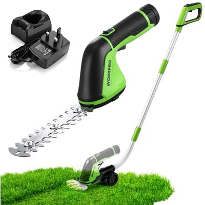 WORKPRO 12V Cordless Hedge Trimmer & Grass Shear, 2-in-1 Small Shrub Trimmer with Wheeled Extension Pole and Removable 2Ah Battery for Shrubing, Trimming and Pruning WORKPRO 12V Cordless Hedge Trimmer & Grass Shear, 2-in-1 Small Shrub Trimmer with Wheeled Extension Pole and Removable 2Ah Battery for Shrubing, Trimming and Pruning