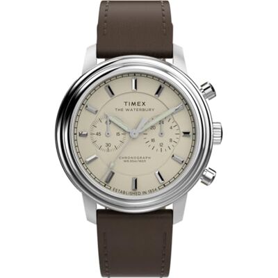 Timex Men's Waterbury Metropolitan Chronograph 41 mm Watch Brown Leather Strap with Cream Dial and Stainless Steel Case TW2Y23500 Timex Men's Waterbury Metropolitan Chronograph 41 mm Watch Brown Leather Strap with Cream Dial and Stainless Steel Case TW2Y23500