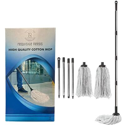 REQUISITE NEEDS 120cm Long Cotton Floor Mop with Detachable Head and Handle Ergonomic Design Lightweight and Easy to Use Includes 2 Cotton String Heads REQUISITE NEEDS 120cm Long Cotton Floor Mop with Detachable Head and Handle Ergonomic Design Lightweight and Easy to Use Includes 2 Cotton String Heads
