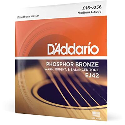 D'Addario EJ42 Phosphor Bronze Resophonic Acoustic Guitar Strings 16-56 Set Phosphor bronze acoustic guitar strings offer warm, bright, balanced tone, reliable intonation, durable feel and playability. D'Addario EJ42 Phosphor Bronze Resophonic Acoustic Guitar Strings 16-56 Set Phosphor bronze acoustic guitar strings offer warm, bright, balanced tone, reliable intonation, durable feel and playability.
