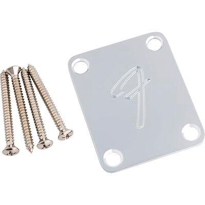 Fender 4-Bolt 70s Vintage-Style Neck Plate "F" Logo Chrome, Guitar Fender 4-Bolt 70s Vintage-Style Neck Plate "F" Logo Chrome, Guitar