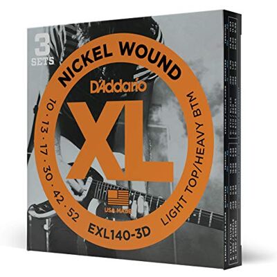 D'Addario Electric Guitar Strings, XL Nickel, EXL140-3D, Light Top/Heavy Bottom Gauge 10-52, 6-String Set, Pack of 3 D'Addario Electric Guitar Strings, XL Nickel, EXL140-3D, Light Top/Heavy Bottom Gauge 10-52, 6-String Set, Pack of 3