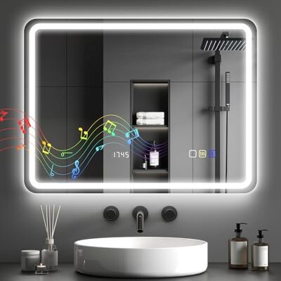 HOMCOM 600 x 800 mm Bluetooth Bathroom Mirror with LED Lights, Illuminated Backlit Wall Mounted Vanity Mirror with 3 Colours Dimmable, Anti-Fog, Memory & Touch Switch, IP44 HOMCOM 600 x 800 mm Bluetooth Bathroom Mirror with LED Lights, Illuminated Backlit Wall Mounted Vanity Mirror with 3 Colours Dimmable, Anti-Fog, Memory & Touch Switch, IP44