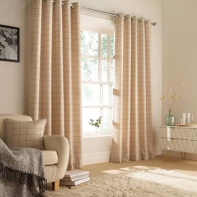Furn Ellis Windowpane Check Eyelet Curtains - Natural - 117cm x 137cm Furn Ellis Windowpane Check Eyelet Curtains - Natural - 117cm x 137cm