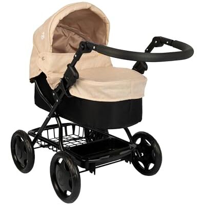 HTI Joie Junior Cherish Dolls Pram Stone & Black, Adjustable Handle & Hood, Fold Flat Design, Includes Matching Changing Bag, Removable Apron & Under Seat Storage Toy Pram for Kids Role Play 3+ HTI Joie Junior Cherish Dolls Pram Stone & Black, Adjustable Handle & Hood, Fold Flat Design, Includes Matching Changing Bag, Removable Apron & Under Seat Storage Toy Pram for Kids Role Play 3+