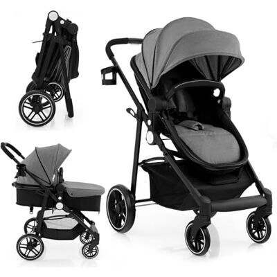 GYMAX Foldable Baby Stroller with Adjustable Backrest & Canopy (Gray) GYMAX Foldable Baby Stroller with Adjustable Backrest & Canopy (Gray)