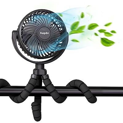 KEPLIN Portable Rechargeable Pram Fan Clip, 5000mAh Battery, 3 Speeds, 360° Tripod Clips Fan for Stroller, Pushchair, Car, Desk, Baby Pram Fans Clip On Stroller, Rotatable & Detachable (Black) KEPLIN Portable Rechargeable Pram Fan Clip, 5000mAh Battery, 3 Speeds, 360° Tripod Clips Fan for Stroller, Pushchair, Car, Desk, Baby Pram Fans Clip On Stroller, Rotatable & Detachable (Black)