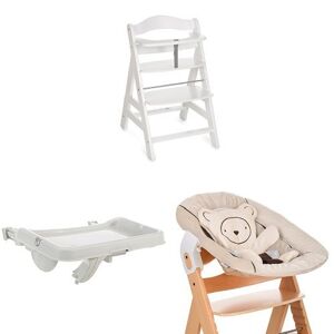 Hauck Alpha+ Wooden Highchair - White + Alpha Tray + Alpha Bouncer 2 in 1 White