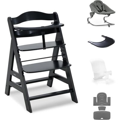 hauck Alpha+ Premium Bundle Wooden High Chair Birth to 90 kg, Beech Black Incl. 2-in-1 reclining premium bouncer, seat reducer + pad, click-on tray, 5-point harness, crotch strap, bumper bar hauck Alpha+ Premium Bundle Wooden High Chair Birth to 90 kg, Beech Black Incl. 2-in-1 reclining premium bouncer, seat reducer + pad, click-on tray, 5-point harness, crotch strap, bumper bar