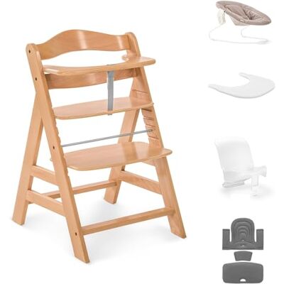 hauck Alpha+ Economy Bundle Wooden High Chair Birth to 90 kg, Beech Natural Incl. 2-in-1 newborn bouncer, seat reducer + pad, click-on tray, 5-point harness, crotch strap, bumper bar hauck Alpha+ Economy Bundle Wooden High Chair Birth to 90 kg, Beech Natural Incl. 2-in-1 newborn bouncer, seat reducer + pad, click-on tray, 5-point harness, crotch strap, bumper bar