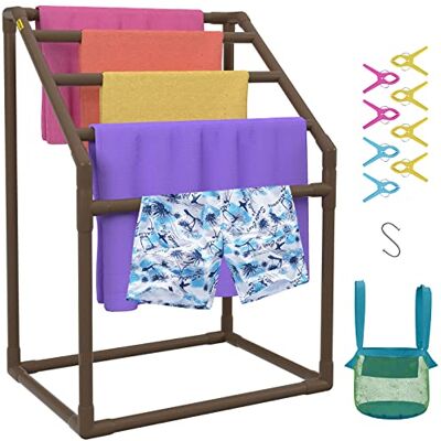 VEVOR Pool Towel Rack, 5 Bar, Brown, Freestanding Outdoor PVC Trapedozal Poolside Storage Organizer, Include 8 Towel Clips, Mesh Bag, Hook, Also Stores Floats and Paddles, for Beach, Swimming Pool VEVOR Pool Towel Rack, 5 Bar, Brown, Freestanding Outdoor PVC Trapedozal Poolside Storage Organizer, Include 8 Towel Clips, Mesh Bag, Hook, Also Stores Floats and Paddles, for Beach, Swimming Pool