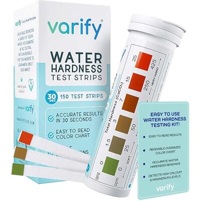 VARIFY 150 Strips Water Hardness Test Kit Water Testing Kit for Home, Drinking, Well, Spa, Swimming Pool, Softener, Dishwasher Hard Water Test Strips for Calcium, Magnesium (0-425 pmm, 150 Strips) VARIFY 150 Strips Water Hardness Test Kit Water Testing Kit for Home, Drinking, Well, Spa, Swimming Pool, Softener, Dishwasher Hard Water Test Strips for Calcium, Magnesium (0-425 pmm, 150 Strips)