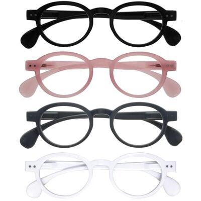 OPULIZE OCA Reading Glasses 4-Pack Modern Retro Round Frame Black Pink Grey White Mens Womens Spring Hinges RRRR54-147W +2.00 OPULIZE OCA Reading Glasses 4-Pack Modern Retro Round Frame Black Pink Grey White Mens Womens Spring Hinges RRRR54-147W +2.00