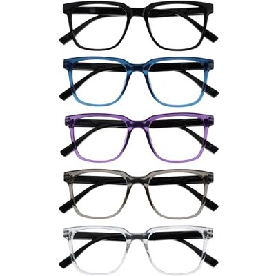 OPULIZE LEO Reading Glasses 5 -Pack Large Rectangular Frame Black, Blue, Purple, Grey, Clear Mens Womens Spring Hinges RRRRR55-1357C +2.00 OPULIZE LEO Reading Glasses 5 -Pack Large Rectangular Frame Black, Blue, Purple, Grey, Clear Mens Womens Spring Hinges RRRRR55-1357C +2.00