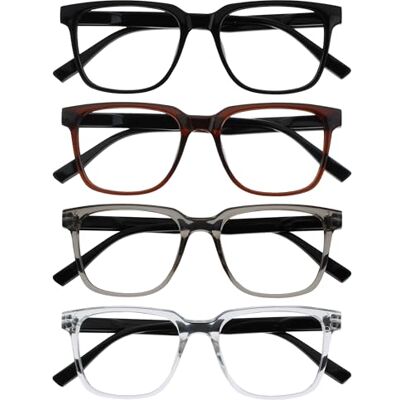 OPULIZE LEO Reading Glasses 4-Pack Large Rectangular Frame Black, Brown, Grey, Clear Mens Womens Spring Hinges RRRR55-127C +2.00 OPULIZE LEO Reading Glasses 4-Pack Large Rectangular Frame Black, Brown, Grey, Clear Mens Womens Spring Hinges RRRR55-127C +2.00