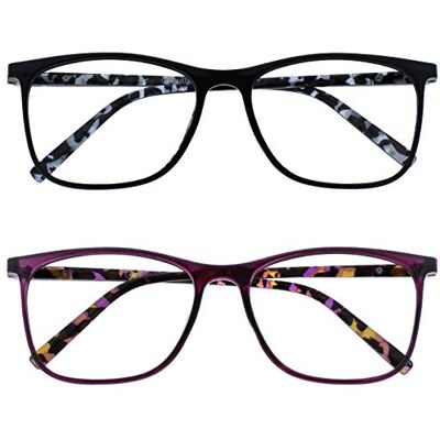 OPULIZE Arc Reading Glasses 2 Pack Stylish Slim Square Frame Spring Hinges Scratch Resistant Black Purple Patterned Arms Mens Womens RR66-15 +2.00 OPULIZE Arc Reading Glasses 2 Pack Stylish Slim Square Frame Spring Hinges Scratch Resistant Black Purple Patterned Arms Mens Womens RR66-15 +2.00