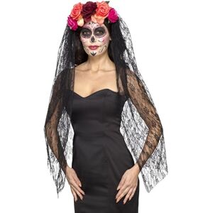 Smiffys Deluxe Day of the Dead Headband Red & Black With Roses & Veil Smiffys Deluxe Day of the Dead Headband Red & Black With Roses & Veil