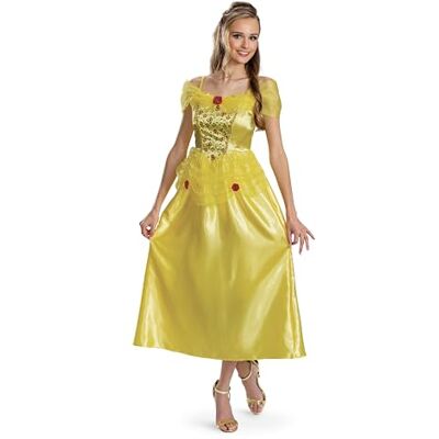 Disney Belle Fancy Dress for Adults, Official Beauty & the Beast Dress Up by Disguise, Patterned Bodice with Details, Mesh Sleeves, For UK Size 8-10 Disney Belle Fancy Dress for Adults, Official Beauty & the Beast Dress Up by Disguise, Patterned Bodice with Details, Mesh Sleeves, For UK Size 8-10