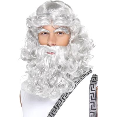 Smiffys Zeus wig with beard and eyebrows set for adults white silver Complete the look with a matching white and silver curly beard and eyebrows, ideal for Greek and mythological costumes. Smiffys Zeus wig with beard and eyebrows set for adults white silver Complete the look with a matching white and silver curly beard and eyebrows, ideal for Greek and mythological costumes.