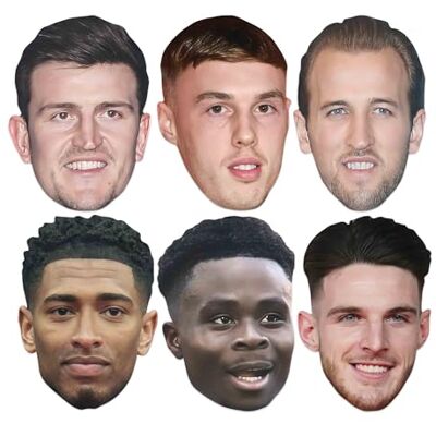 STAR CUTOUTS SMP473 England Footballers 6 Pack Cardboard Face Masks – Declan Rice, Bukayo Saka, Jude Bellingham, Harry Kane, Cole Palmer & Harry Maguire Match Day Fan Set STAR CUTOUTS SMP473 England Footballers 6 Pack Cardboard Face Masks – Declan Rice, Bukayo Saka, Jude Bellingham, Harry Kane, Cole Palmer & Harry Maguire Match Day Fan Set