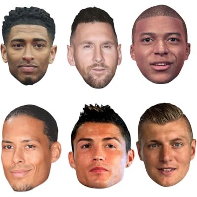 STAR CUTOUTS SMPWC1 World Footballers 6 Pack Cardboard Face Masks – Bellingham, Ronaldo, Messi, Mbappe, Kroos & Van Dijk Fan Set STAR CUTOUTS SMPWC1 World Footballers 6 Pack Cardboard Face Masks – Bellingham, Ronaldo, Messi, Mbappe, Kroos & Van Dijk Fan Set