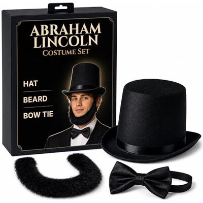 Funny Party Hats Abraham Lincoln Costume Set Hat with Beard and Necktie- Presidents day- Lincoln's Birthday- Patriotic Costume by (3 PC Set) Funny Party Hats Abraham Lincoln Costume Set Hat with Beard and Necktie- Presidents day- Lincoln's Birthday- Patriotic Costume by (3 PC Set)