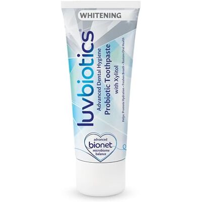 Luv Biotics Probiotic Whitening Toothpaste Xylitol & Aloe Vera for Fresh Breath, Halitosis, Cavity Protection, Gum Health & Microbiome Balance, SLS Free, Anti-Plaque Toothpaste, No Parabens, 75ml Luv Biotics Probiotic Whitening Toothpaste Xylitol & Aloe Vera for Fresh Breath, Halitosis, Cavity Protection, Gum Health & Microbiome Balance, SLS Free, Anti-Plaque Toothpaste, No Parabens, 75ml