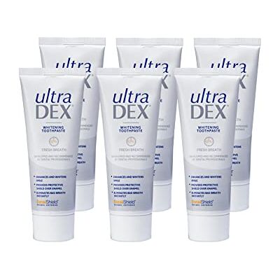 UltraDEX Whitening Toothpaste + Enamel Defense, Clinically Proven 12hr Bad Breath Treatment, For Sensitive Teeth, with Fluoride, Mint 6 X 75 ml UltraDEX Whitening Toothpaste + Enamel Defense, Clinically Proven 12hr Bad Breath Treatment, For Sensitive Teeth, with Fluoride, Mint 6 X 75 ml