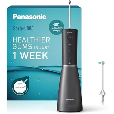 Panasonic Series 800 Ultrasonic Oral Irrigator EW-DJ86-K511, Water Flosser for Teeth, 200ml, 1 Ultrasonic & 1 Orthodontic Nozzle, 5 Pressure Settings, Travel Accessory, USB-C charging, Black Panasonic Series 800 Ultrasonic Oral Irrigator EW-DJ86-K511, Water Flosser for Teeth, 200ml, 1 Ultrasonic & 1 Orthodontic Nozzle, 5 Pressure Settings, Travel Accessory, USB-C charging, Black