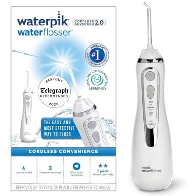 Waterpik Cordless Advanced Water Flosser, 3 Pressure Settings, Dental Plaque Removal Tool, Ideal for Travel or Small Bathrooms, USB Charger, White, WP-580UK Waterpik Cordless Advanced Water Flosser, 3 Pressure Settings, Dental Plaque Removal Tool, Ideal for Travel or Small Bathrooms, USB Charger, White, WP-580UK