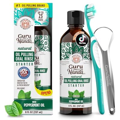 GuruNanda Starter Coconut Oil Pulling Mouthwash with Peppermint Oil, 237 ml With Toothbrush & Tongue Scraper Fluoride, Alcohol Free Mouthwash Fresh Breath, Healthy Gum For Oil Pulling Beginner GuruNanda Starter Coconut Oil Pulling Mouthwash with Peppermint Oil, 237 ml With Toothbrush & Tongue Scraper Fluoride, Alcohol Free Mouthwash Fresh Breath, Healthy Gum For Oil Pulling Beginner