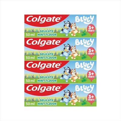 Colgate Kids Bluey Mint-Flavoured Fluoride Toothpaste 3+ Years Pack of 4 x 50ml, Gentle Toothpaste for Kids, Maximum Cavity Protection, 4X Stronger Enamel* Colgate Kids Bluey Mint-Flavoured Fluoride Toothpaste 3+ Years Pack of 4 x 50ml, Gentle Toothpaste for Kids, Maximum Cavity Protection, 4X Stronger Enamel*