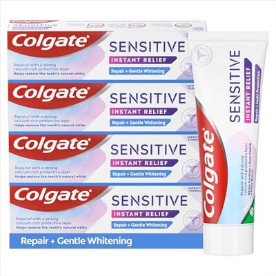 Colgate Sensitive Instant Relief Repair + Gentle Whitening Toothpaste Instant* and Long-Lasting** Sensitivity Relief Protective Layer with Calcium** Fluoride Toothpaste 4 Pack, 75ml Tubes Colgate Sensitive Instant Relief Repair + Gentle Whitening Toothpaste Instant* and Long-Lasting** Sensitivity Relief Protective Layer with Calcium** Fluoride Toothpaste 4 Pack, 75ml Tubes