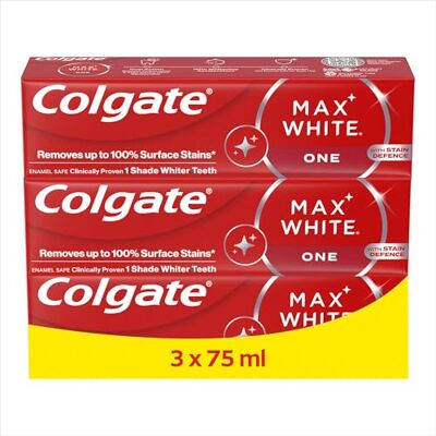 Colgate Max White One Teeth Whitening Toothpaste 75ml x3, Removes Up to 100% of Surface Stains, 1 Shade Whiter Teeth, Helps Prevent Future Discolouration, Enamel Safe for Daily Use Colgate Max White One Teeth Whitening Toothpaste 75ml x3, Removes Up to 100% of Surface Stains, 1 Shade Whiter Teeth, Helps Prevent Future Discolouration, Enamel Safe for Daily Use