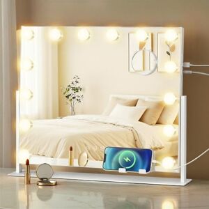 SONGMICS Vanity Makeup Mirror with Lights, Charging Ports, 14 Dimmable LED Bulbs, 3 Colour Temperatures, Detachable 10x Magnifying Mirror, Phone Holder, 50 x 42 cm, Matte White LWM007WC03 SONGMICS Vanity Makeup Mirror with Lights, Charging Ports, 14 Dimmable LED Bulbs, 3 Colour Temperatures, Detachable 10x Magnifying Mirror, Phone Holder, 50 x 42 cm, Matte White LWM007WC03