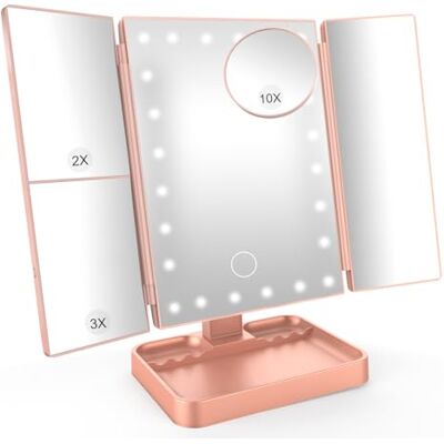SURFOU Tri-fold Vanity Mirror, Travel Lighted Makeup Mirror with 24 LEDs, 1X/2X/3X/10X Magnification, Stepless Dimming, Portable USB Rechargeable Cosmetic Mirror SURFOU Tri-fold Vanity Mirror, Travel Lighted Makeup Mirror with 24 LEDs, 1X/2X/3X/10X Magnification, Stepless Dimming, Portable USB Rechargeable Cosmetic Mirror