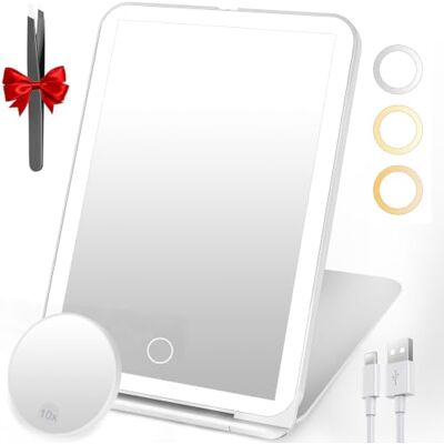 SURFOU Rechargeable Travel Makeup Mirror with 10X Magnification Portable folding tabletop design, 3 Colour Lighting Modes, Rechargeable, 10X Magnification, Travel Size, Makeup Use SURFOU Rechargeable Travel Makeup Mirror with 10X Magnification Portable folding tabletop design, 3 Colour Lighting Modes, Rechargeable, 10X Magnification, Travel Size, Makeup Use