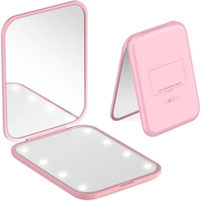 TOZKZO Travel Makeup Mirror, 1X/3X Magnification LED Compact Mirror with Iternal BIattery, Portable, Handheld, Foldable Pocket Mirror for Purse, Travel and Daily Use, Ideal for Gift Giving, Pink TOZKZO Travel Makeup Mirror, 1X/3X Magnification LED Compact Mirror with Iternal BIattery, Portable, Handheld, Foldable Pocket Mirror for Purse, Travel and Daily Use, Ideal for Gift Giving, Pink